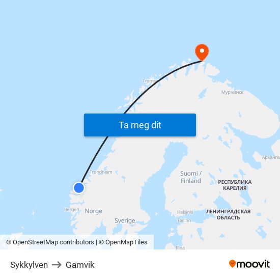Sykkylven to Gamvik map