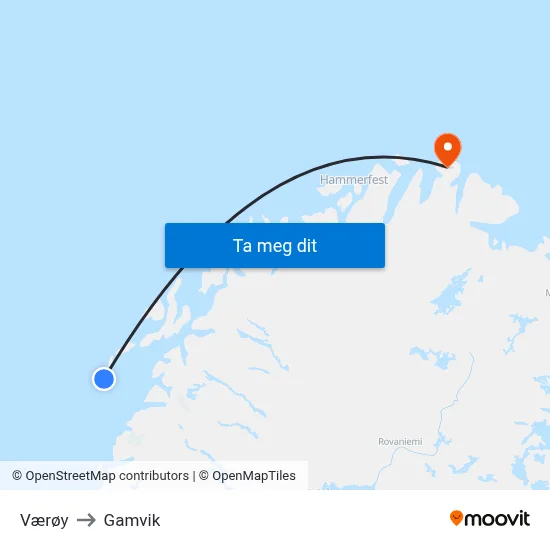 Værøy to Gamvik map