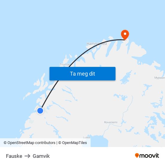 Fauske to Gamvik map