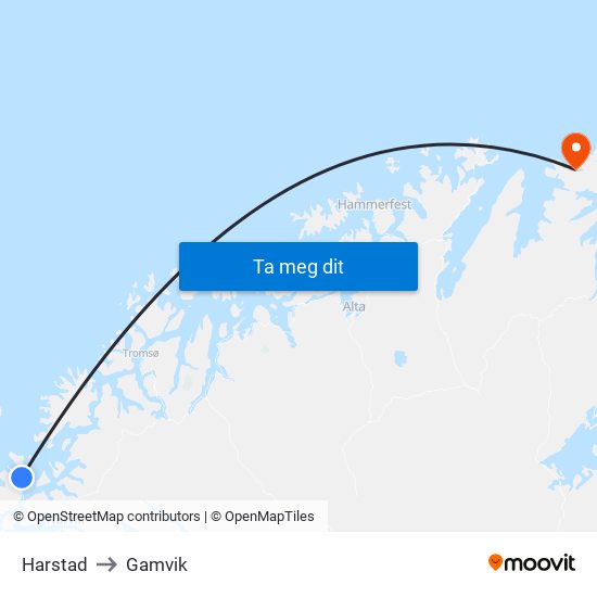 Harstad to Gamvik map