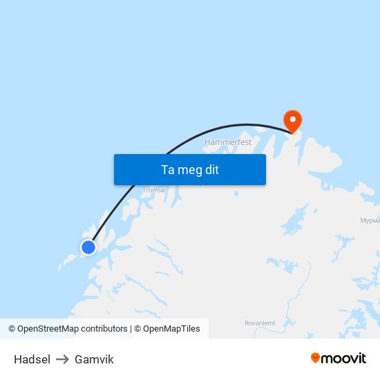Hadsel to Gamvik map
