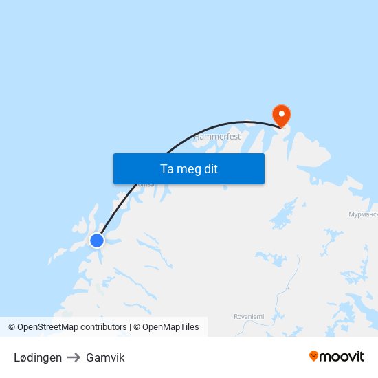 Lødingen to Gamvik map