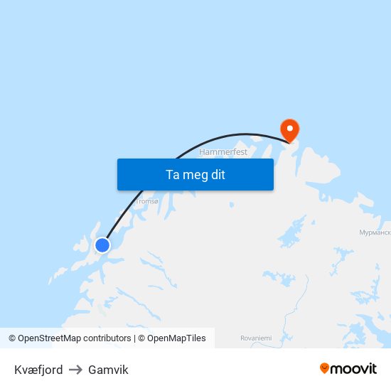 Kvæfjord to Gamvik map