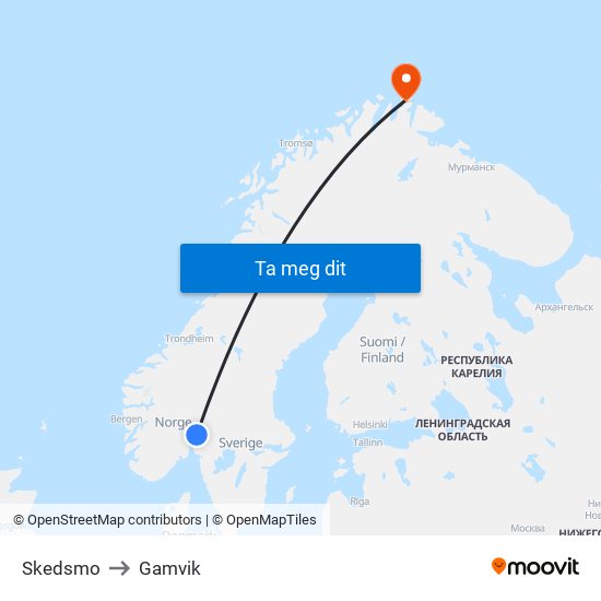 Skedsmo to Gamvik map