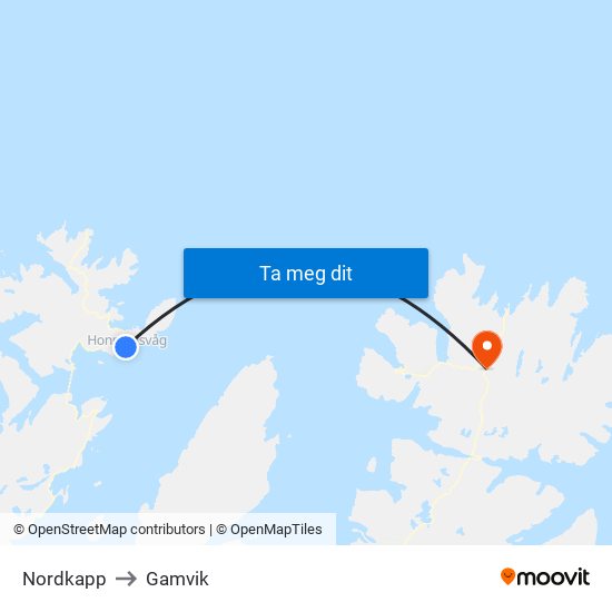 Nordkapp to Gamvik map