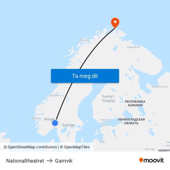 Nationaltheatret to Gamvik map