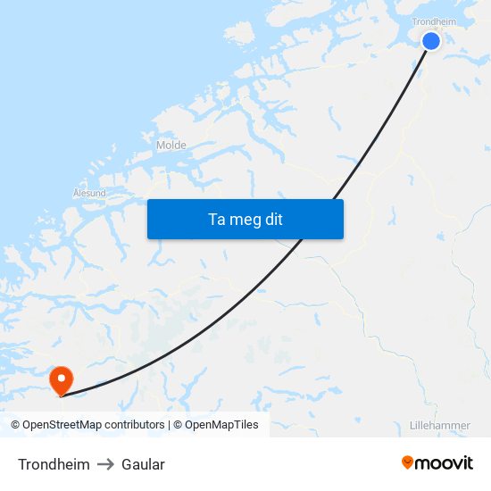 Trondheim to Gaular map