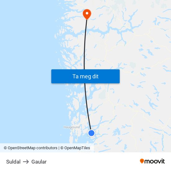 Suldal to Gaular map