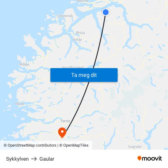 Sykkylven to Gaular map