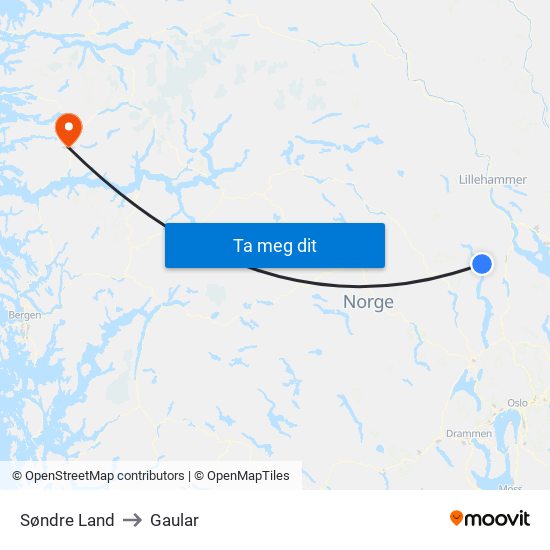 Søndre Land to Gaular map