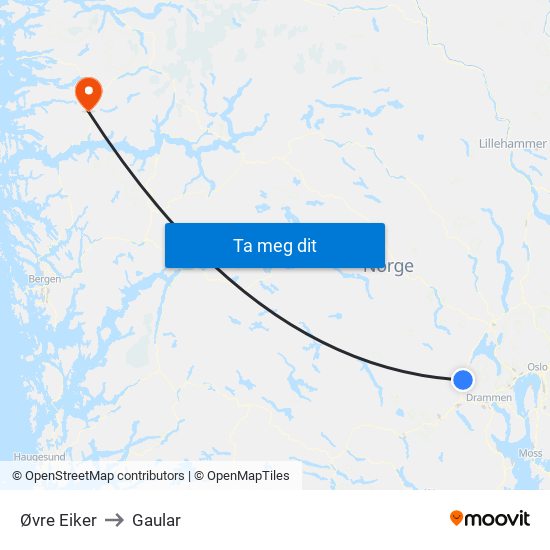 Øvre Eiker to Gaular map