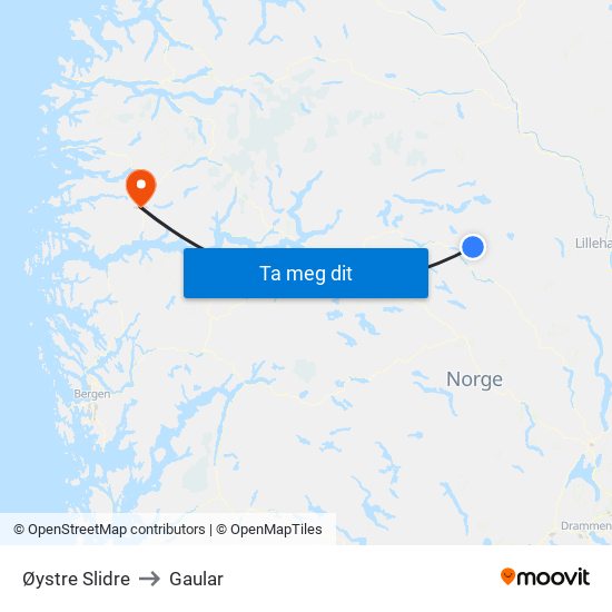 Øystre Slidre to Gaular map