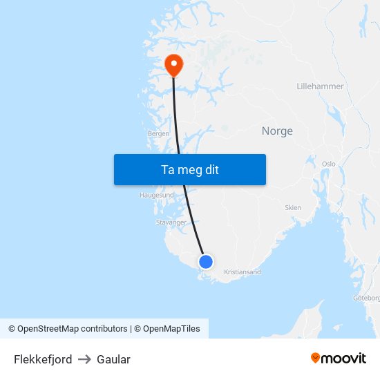 Flekkefjord to Gaular map
