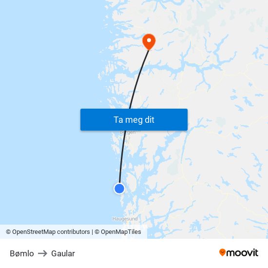 Bømlo to Gaular map