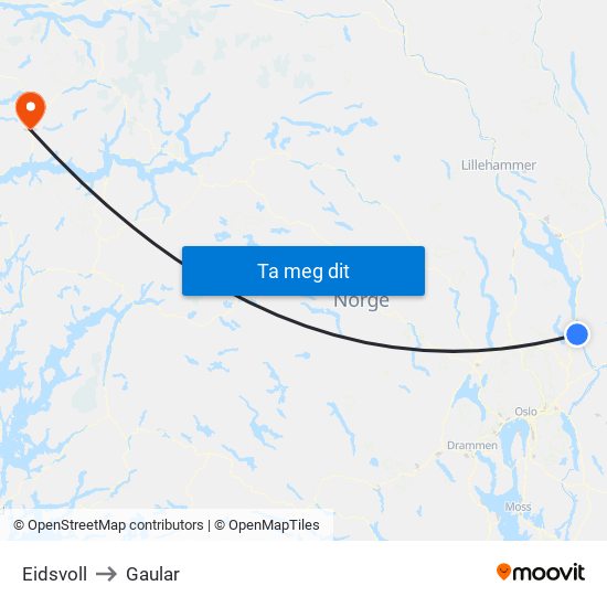 Eidsvoll to Gaular map