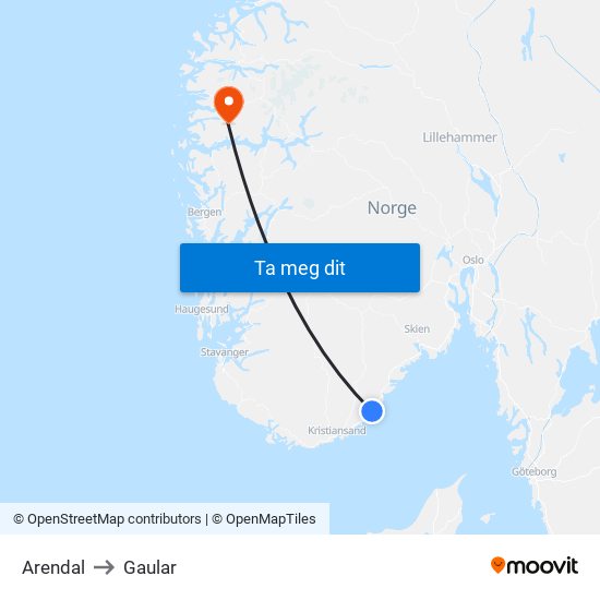 Arendal to Gaular map