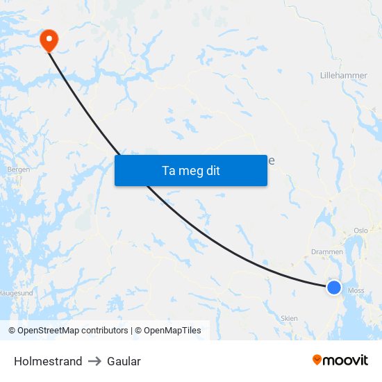 Holmestrand to Gaular map