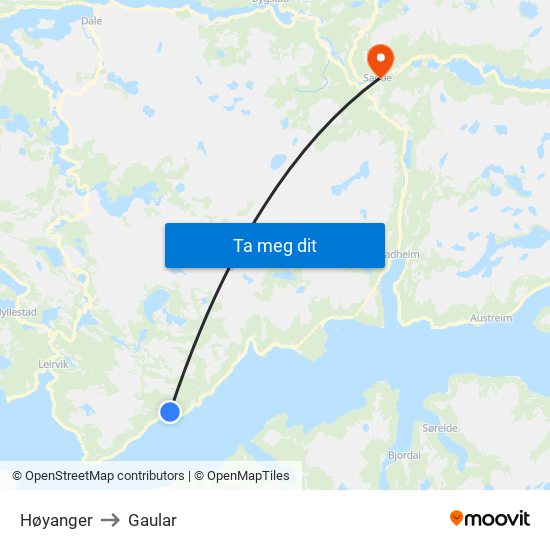 Høyanger to Gaular map