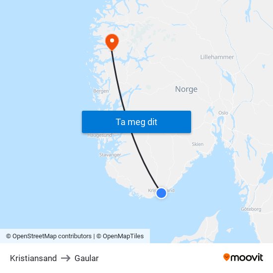 Kristiansand to Gaular map