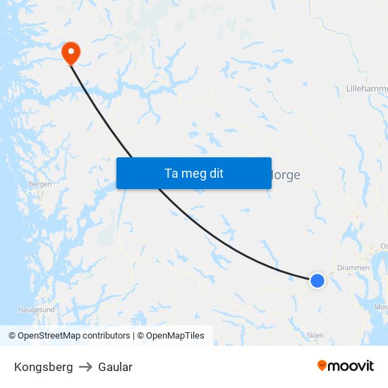 Kongsberg to Gaular map