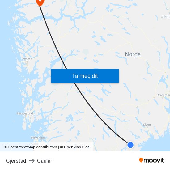 Gjerstad to Gaular map