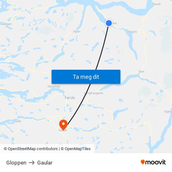 Gloppen to Gaular map