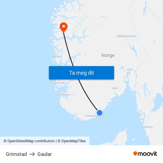 Grimstad to Gaular map