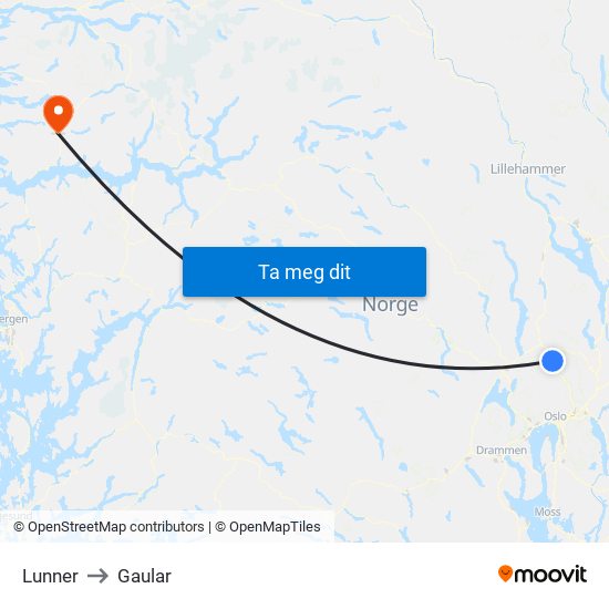 Lunner to Gaular map