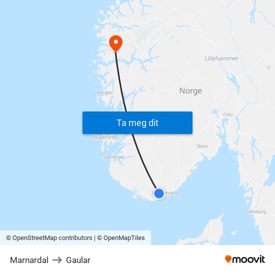 Marnardal to Gaular map