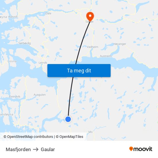 Masfjorden to Gaular map