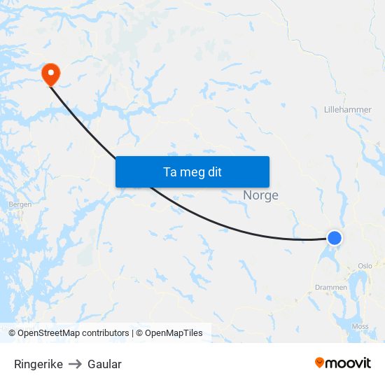 Ringerike to Gaular map