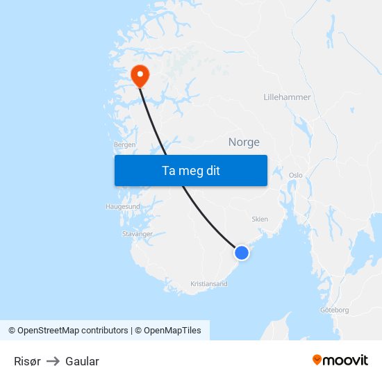 Risør to Gaular map