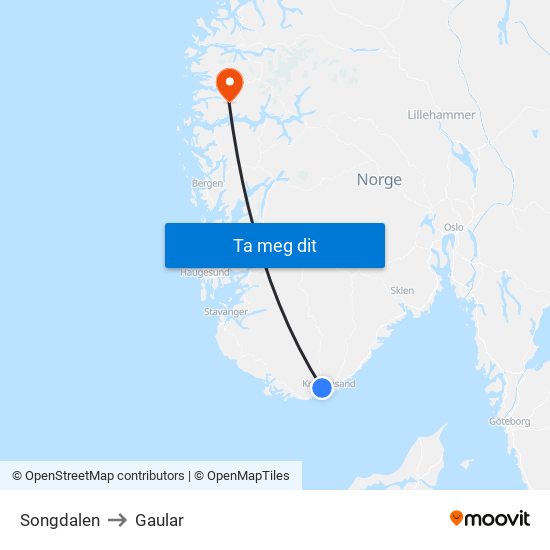 Songdalen to Gaular map