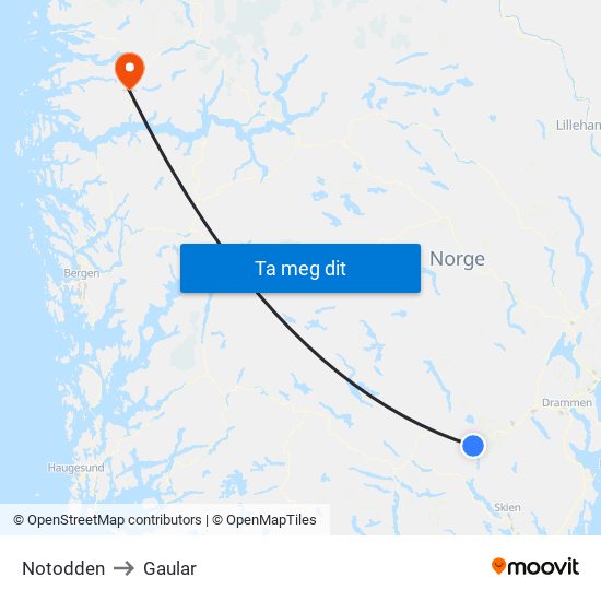 Notodden to Gaular map