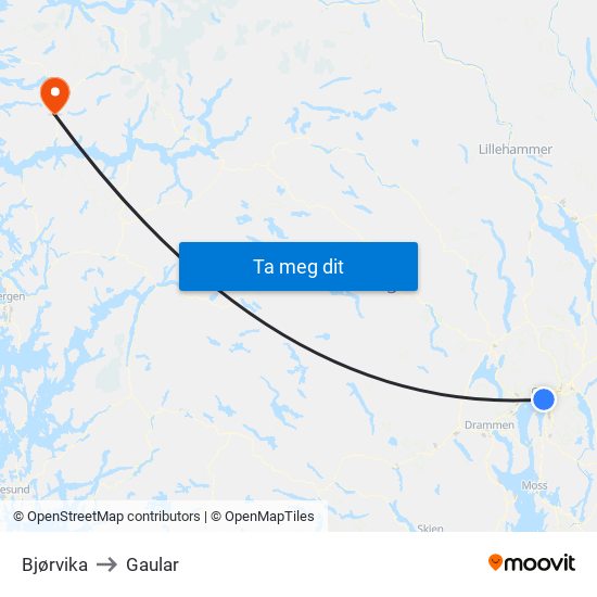 Bjørvika to Gaular map