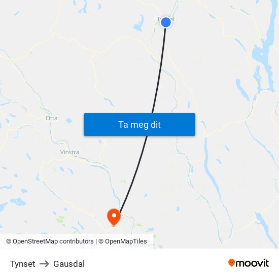 Tynset to Gausdal map