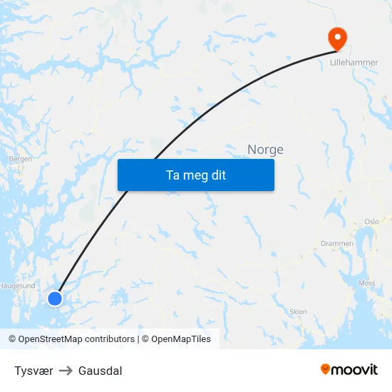 Tysvær to Gausdal map