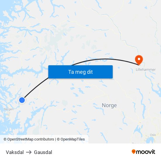 Vaksdal to Gausdal map