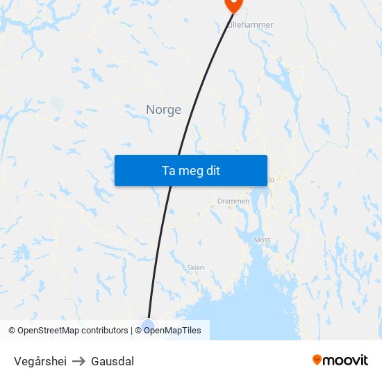 Vegårshei to Gausdal map