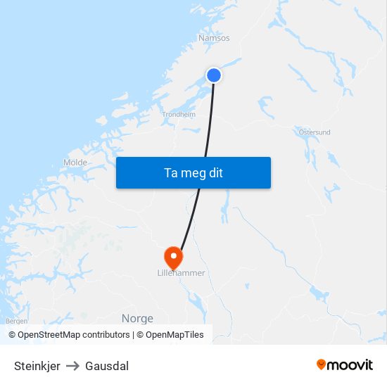 Steinkjer to Gausdal map