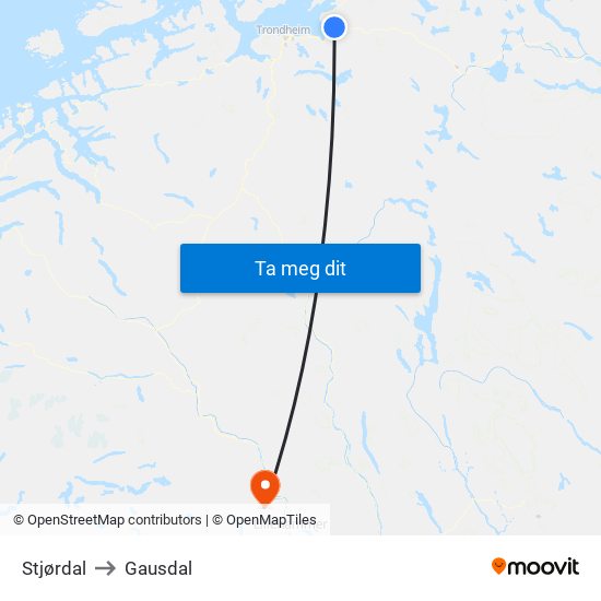 Stjørdal to Gausdal map