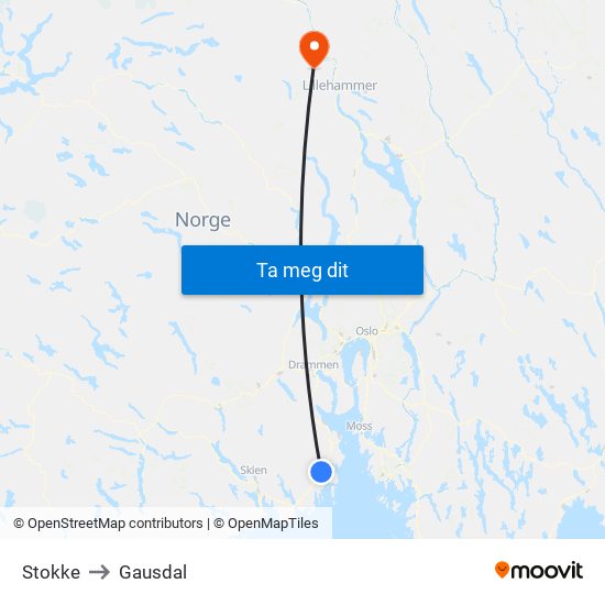 Stokke to Gausdal map