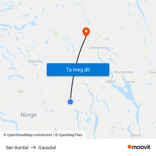 Sør-Aurdal to Gausdal map