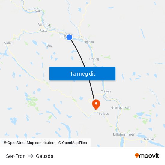 Sør-Fron to Gausdal map