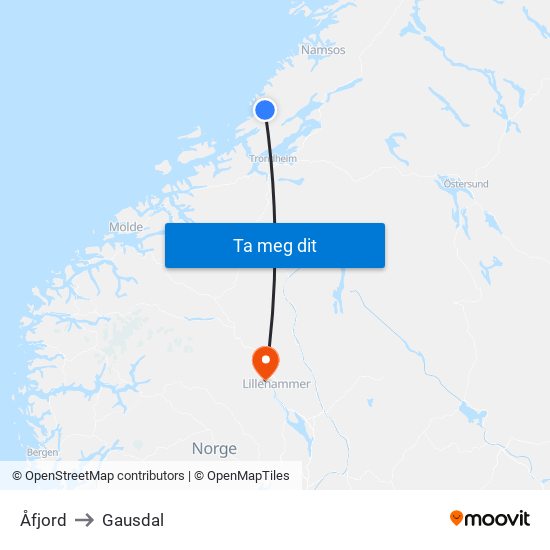 Åfjord to Gausdal map