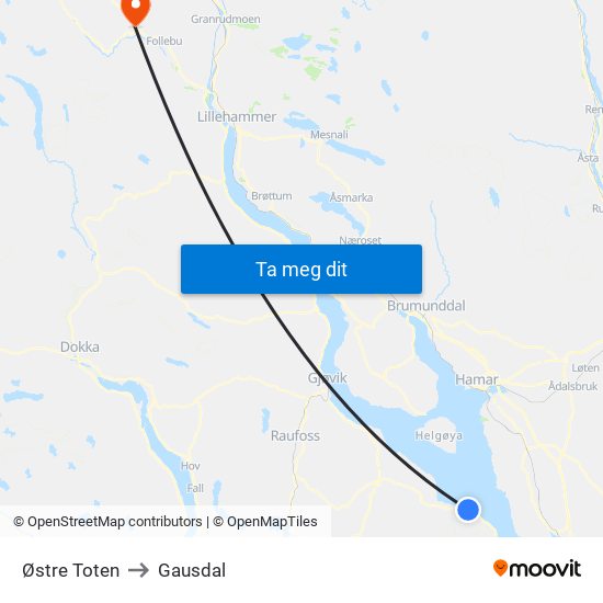 Østre Toten to Gausdal map