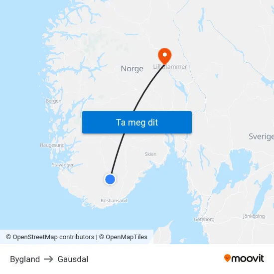 Bygland to Gausdal map