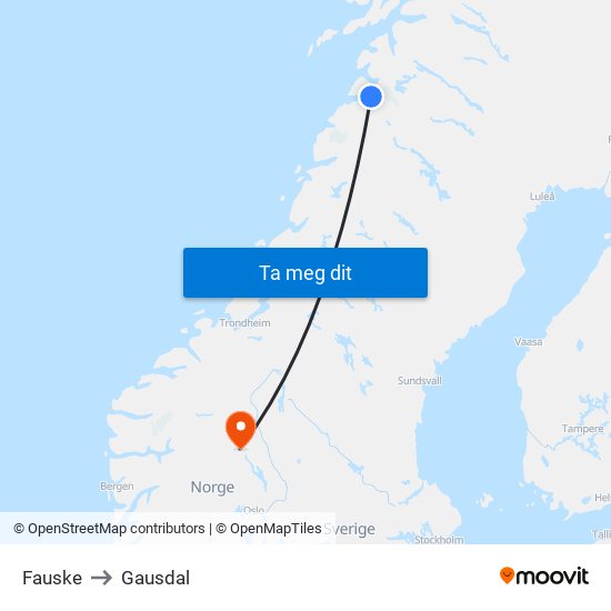 Fauske to Gausdal map