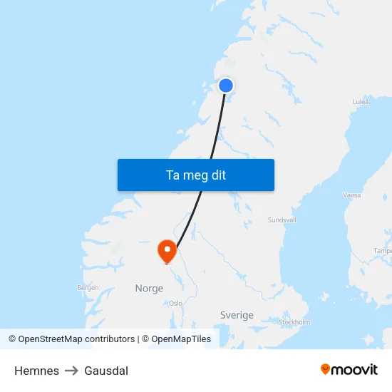 Hemnes to Gausdal map