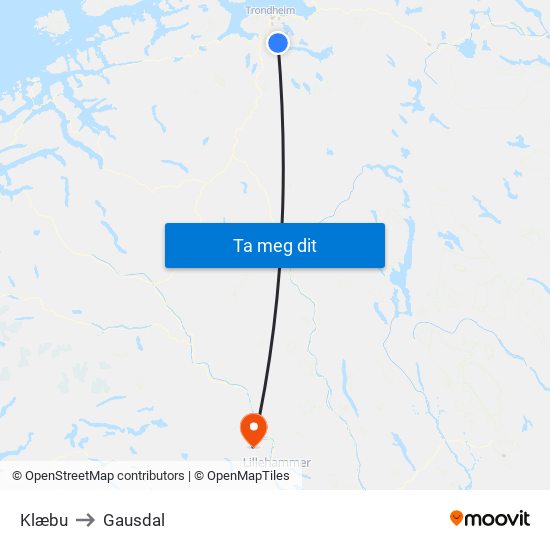 Klæbu to Gausdal map